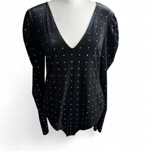 H&M Black Velour Bodysuit Puff Sleeves Studded V-Neck Size Large